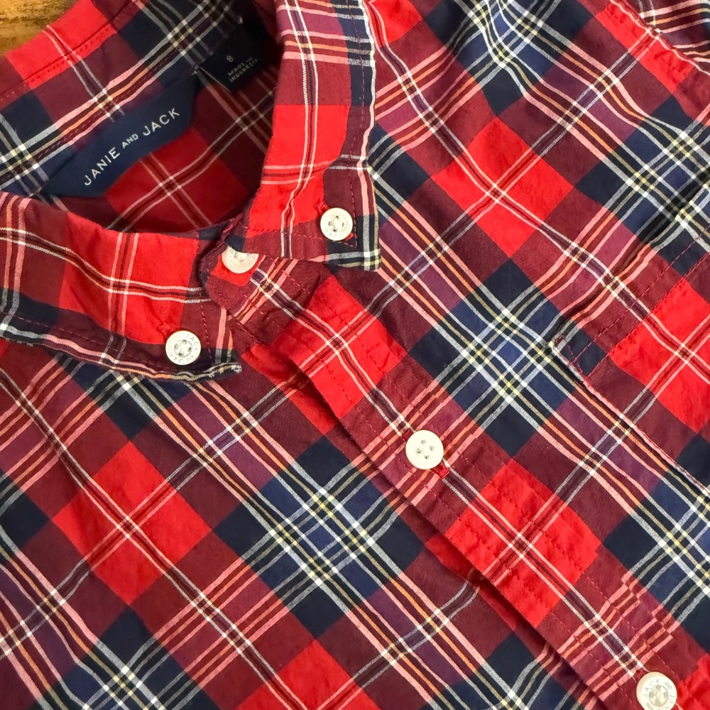 Janie and Jack Boys Red Plaid Long Sleeve Poplin Button Down Shirt Size 8